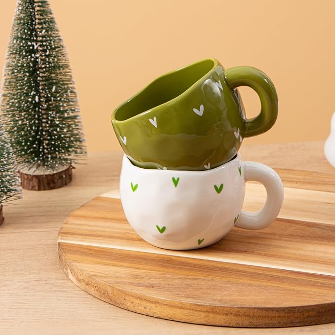 4pcs Ceramic Coffee Cups, 9.4OZ Cute Matcha Cup Set, Green & White, Dishwasher Safe Green Tea Mugs, Pretty Girls Collection