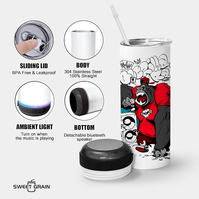sweet grain Music Speaker Tumbler(12Pack) - 20 oz Sublimation Tumbler Skinny Straight with Speaker, Straw & USB Charging Cable, Music Tumbler Cup - Black