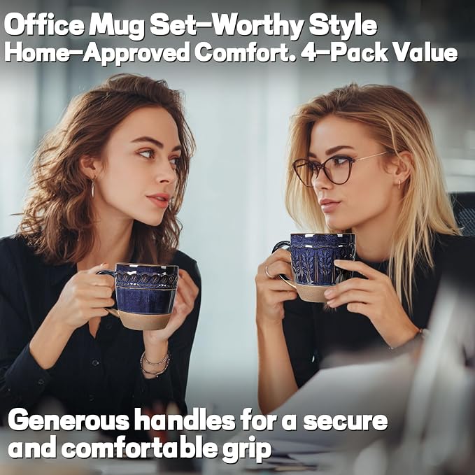 Artena Ceramic Coffee Mugs Set of 4, 16oz Embossed Large Latte Mugs Coffee Cups with Handle for Tea, Latte, Cappuccino & Cocoa, Milk Dishwasher & Microwave Safe, Blue (Wheat Leaf)
