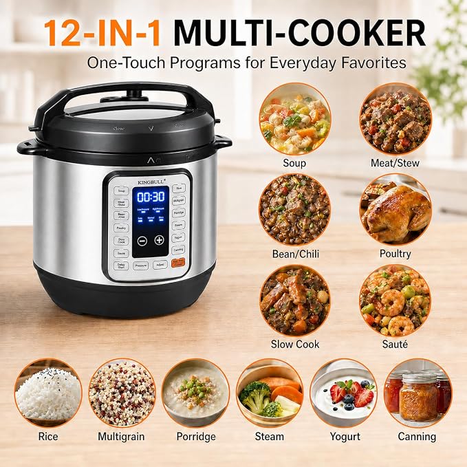 KINGBULL 8QT Electric Pressure Cooker, 12-in-1 Stainless Steel Multi Cooker with Nonstick Inner Pot, Slow Cooker, Rice Cooker, Steamer, Sauté, Yogurt Maker, Warmer, Delay Start