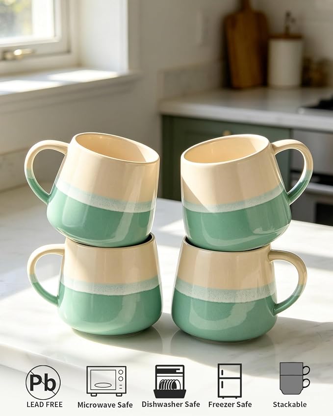 Coffee Mugs Set of 4, Ceramic Tea Coffee Cups with Handle, 14 OZ Large Porcelain Mug for Americano, Latte, Cappuccino, Hot Chocolate, Glazed White and Green