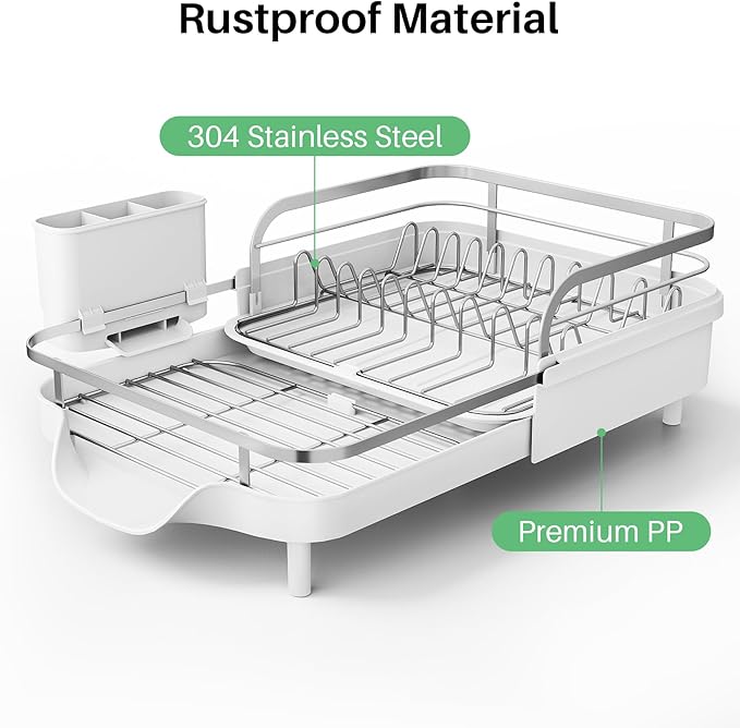 SNTD Dish Drying Rack, Expandable Dish Rack for Kitchen Counter, Stainless Steel Dish Drainer with Drainboard Set and Utensil Holder (White)