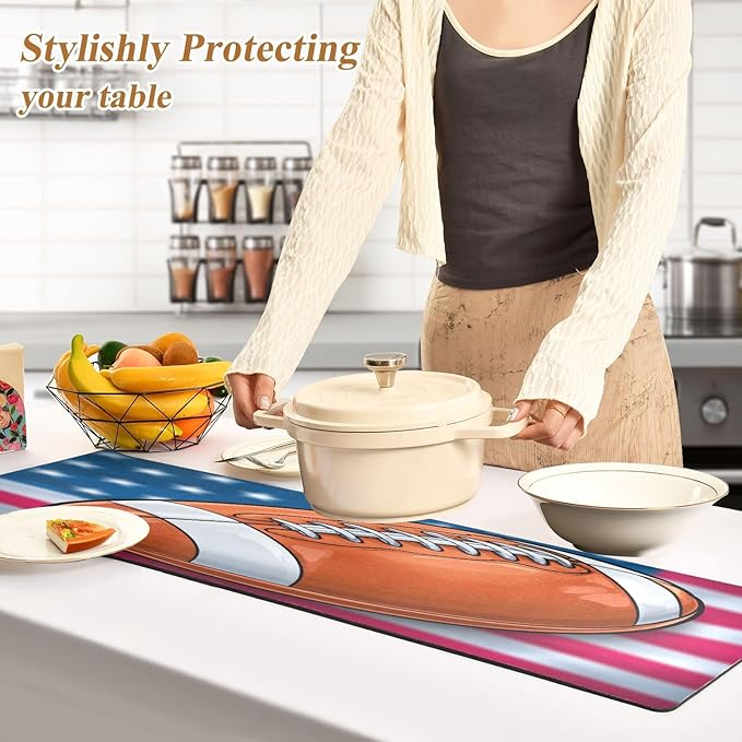 2 in 1 Table Runner Trivet for Hot Pots and Pans Heat Resistant Non Slip Waterproof 39 x 12 Inch Decorative Table Protector for Kitchen Countertop Cartoon Neon-Colored Patriotic Football