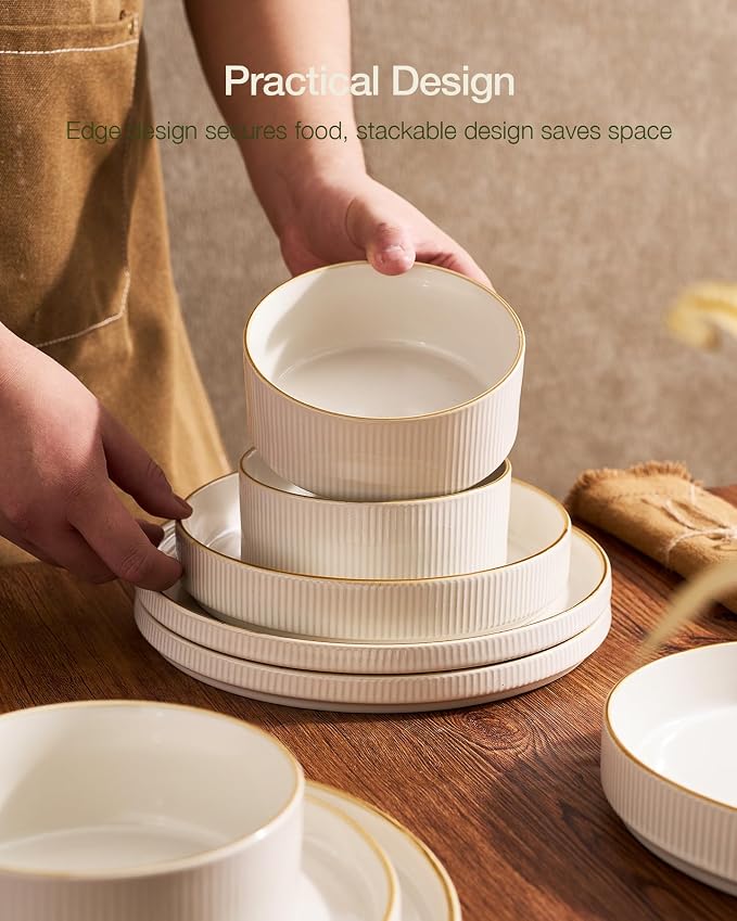 Famiware Star 24-Piece Stoneware Dinnerware Sets with Trim, Service for 8 - Ceramic Plates and Bowls Set, Ribbed Dishes with High Edge, Chip & Scratch Resistant, Microwave & Dishwasher Safe, White