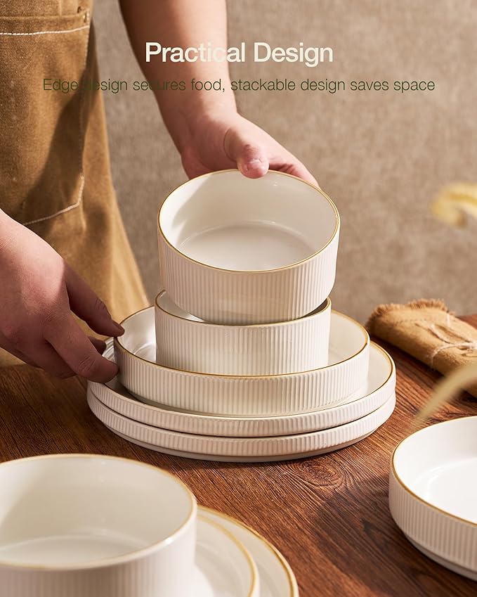 Famiware Star 18-Piece Stoneware Plates and Bowls Sets, Service for 6, Ceramic Dinnerware with Trim, Modern Rustic Dishes for Everyday/Formal, Chip/Scratch Resistant, Microwave/Dishwasher Safe, White