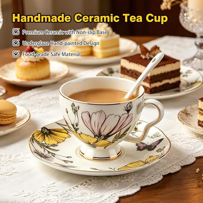 Tea Cup and Saucer Set, Floral with Gold Trim, 6.76 oz | Includes Spoon, British Style, Coffee & Latte Use, Party & Wedding Gifts, Christmas & Birthday Gifts