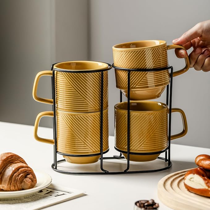 Stackable Coffee Mugs with Rack: 13 oz Stacking Ceramic Cups with Stand - Porcelain Stacked Tea Mug Set of 4(Mustard Yellow)