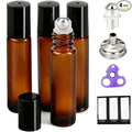 PrettyCare 4 Pack 10 ml Amber Glass Roller Bottles for Essential Oil with Stainless Steel Roller Ball - Refillable Leak-proof Empty Roll on Bottles with Black Caps for Travel, Perfume,Lab