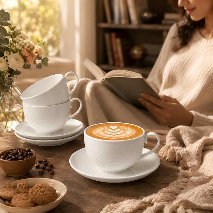 4pcs White Coffee Cups with Saucers, 12oz Ceramic Cappuccino Cups, Microwave & Dishwasher Safe, for Home, Cafe