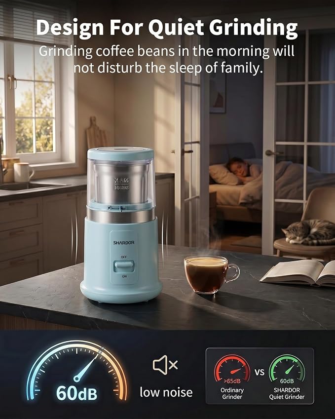 SHARDOR Quiet Coffee Grinder Electric, 70g Removable Bowl Spice Grinder for Coffee Beans, Seeds and Grains, Super Silent Grinding Mill with 60dB Low Noise, 2.5oz Capacity, Blue