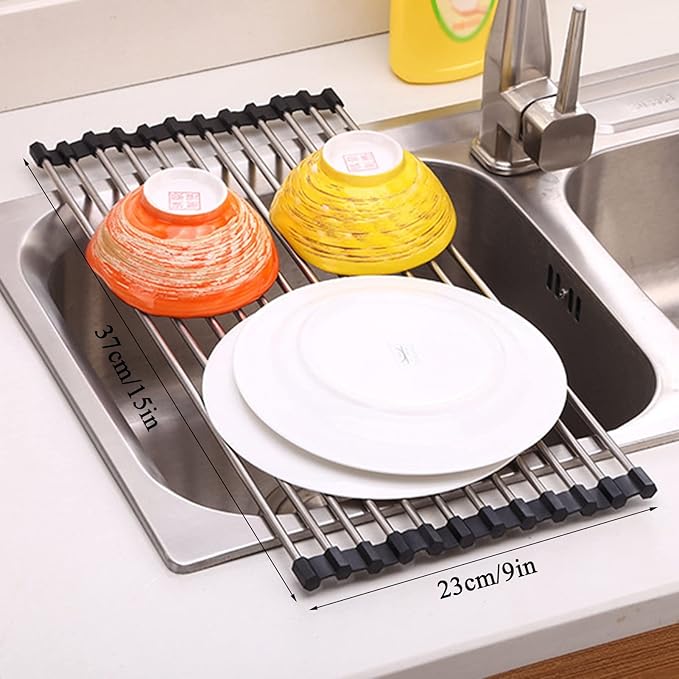 Sink Drainer Rack, Over Sink Roll Up Dish Drying Rack, Stainless Steel Fruit Vegetable Drainer for Kitchen Counter, Collapsible & Space-Saving, Fits Most Sinks(23 * 37cm)