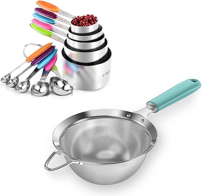 U-Taste 10 Piece Measuring Cups and Spoons Set in 18/8 Stainless Steel (Multicolors), and 18/8 Stainless Steel 5.5 inch 30 Mesh Strainer (Aqua Sky)