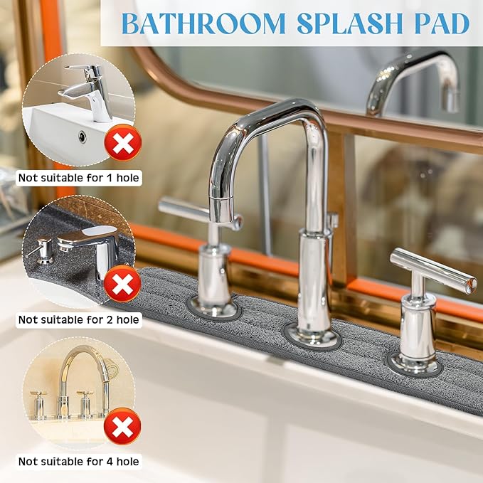 Teenyyou 2 Pcs Faucet Mat for Kitchen Sink Splash Guard for Kitchen Sink Faucet Dish Drying Mat for Bathroom Sponge Holder(Dark Gray,3 Round Holes)