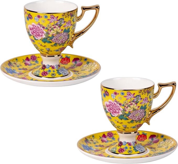 KAMMAK Tea Cups and Saucers Set of 2, Porcelain Coffee Cups, 7oz Stackable Espresso Mugs, Ceramic Demitasse for Coffee, Latte, Americano, Tea (622N)