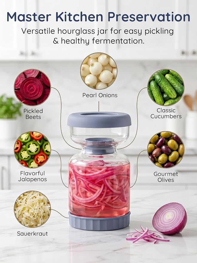 Homnoble Pickle Jar with Strainer Flip for Pickle Juice Separator from Wet and Dry, Upgrade Food-grade ABS Lid and BPA Free Hourglass Pickle Jar for Airtight Food Storage, Haze Blue