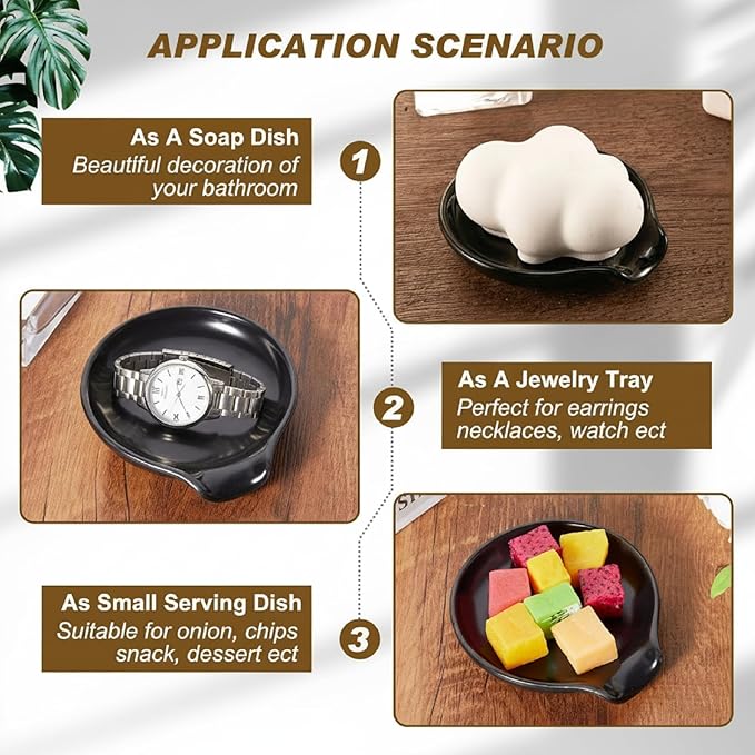 Bokon 4 Pack Ceramic Spoon Rest with Holder, Kitchen Utensil Rest for Stove Top, Dipping Sauce Dishes, Heat Resistant and Dishwasher Safe (Black)