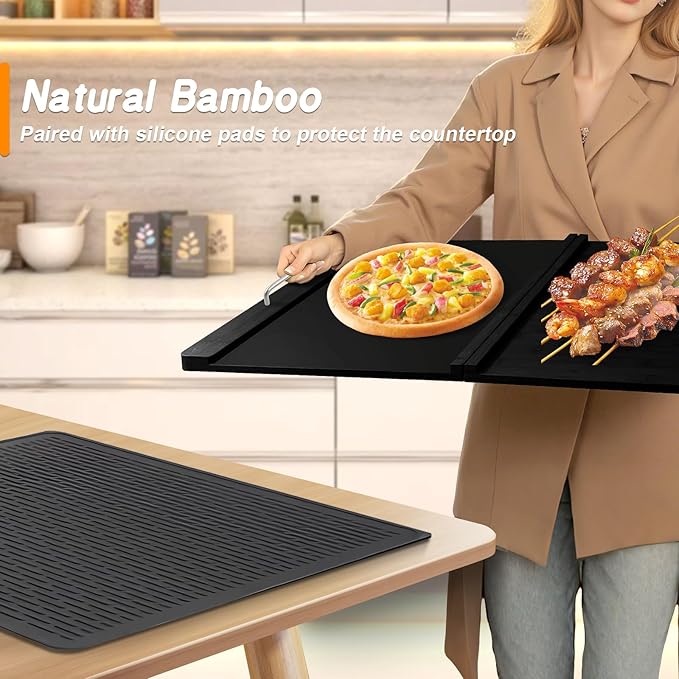 Stove Top Covers with Silicone Mat for Electric Stove,Stove Top Covers for Gas Burners,Folding Noodle Board Stove Cover,RV Stove Top Cover,Over Sink Cutting Board(29.5×22inch)(Mat 28×20inch) Set-Black