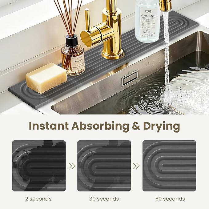 Faucet Mat for Kitchen Sink -Diatomite Stone Drying Mat for Kitchen Counter & Bathroom Sink,Quick-Dry Kitchen Sink Mat-Sink Protector & Splash Guard,Super Absorbent (Gray, 23.6"x4")