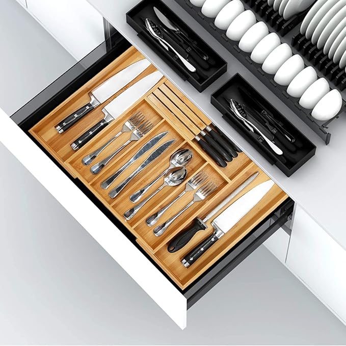 VaeFae Bamboo Silverware Drawer Organizer with Knife Block and Silverware Organizer Bundle