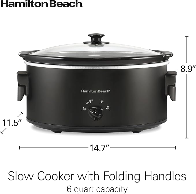 Hamilton Beach 6 Quart Slow Cooker with Space-Saving Folding Handles, 3 Heat Settings, Dishwasher Safe Stoneware Crock and Glass Lid, Black (33664)