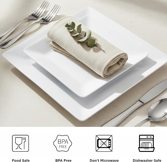 TP 12-Piece Melamine Dinnerware Sets, Plates and Bowls Dishes Set for 4, Break-Resistant & Non-Microwavable, Lightweight Square Dinner Plates, White