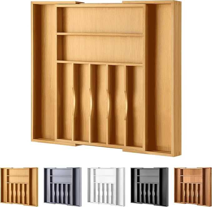 Large Premium Bamboo Silverware Organizer - Expandable Drawer Organizer & Utensil Organizer - 17"x19.7" Cutlery Tray with Dividers for Kitchen Utensils and Flatware (7-9 Slots) (Natural)