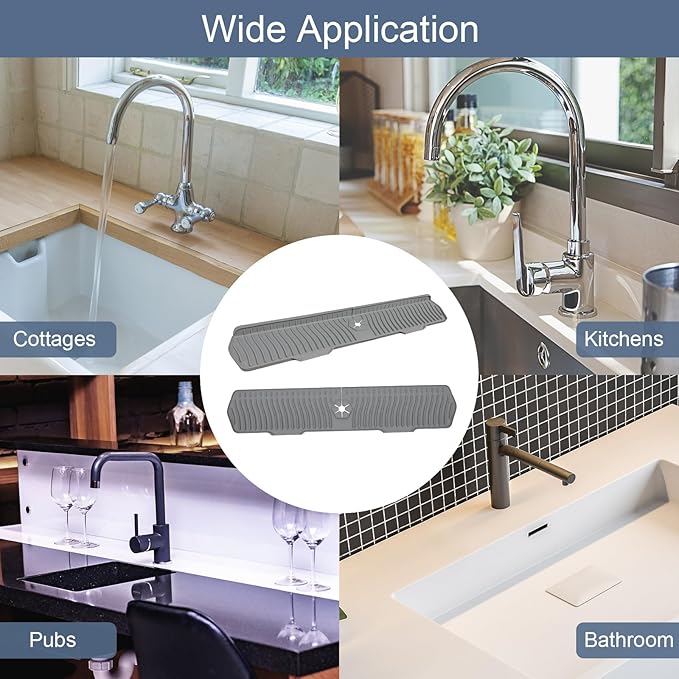 Sink Drain Mat Behind Faucet,Faucet Guard Draining Mat, 90° Foldable Tap Draining Mat for Kitchen Sink with 2 Water Ports, Faucet Drain Mats for Kitchen, Bathroom, etc (Gray, 29.5"*6.1")