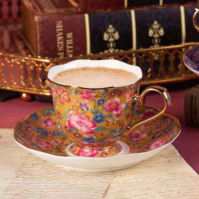 KAMMAK Tea Cups and Saucers Set of 2, Porcelain Coffee Cups, 6.3oz Stackable Espresso Mugs, Ceramic Demitasse for Coffee, Latte, Americano, Tea (643N+644N)