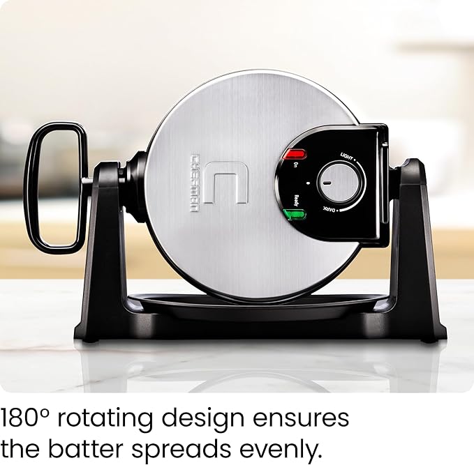 Chefman Rotating Belgian Waffle Maker, 180° Flip Iron w/ Non-Stick Plates, Adjustable Timer, Locking Lid, & Drip Plate, Space Saving Storage, Mess-Free Breakfast, Stainless Steel/Black
