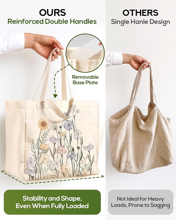 Miss Adola Large Canvas Grocery Tote Bag - Reusable Extra Large Shopping Shoulder Bags with 6 Inner Pockets & 2 Handle Strap