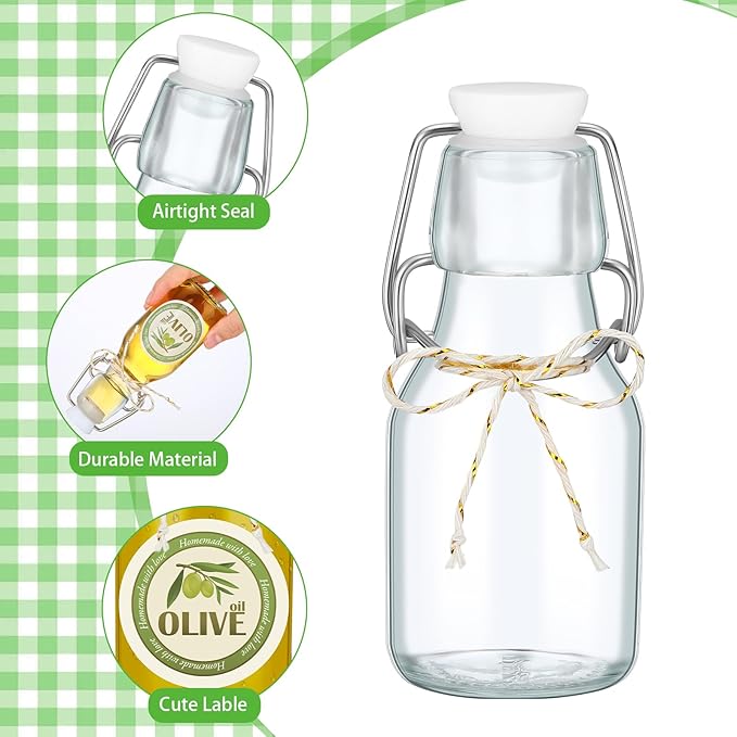 Queekay 20 Pack Mini Swing Top Glass Bottles for Vanilla Extract Homemade Olive Oil Bottles with Lids Airtight Cap Lids Labels for Wedding Baby Shower Favors(2 oz,Clear)