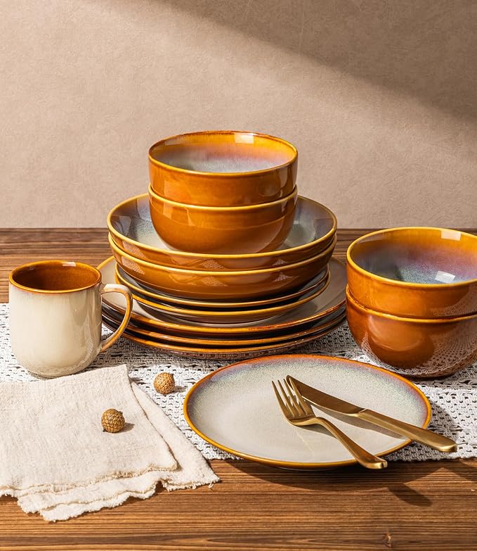 LERATIO Ceramic Dinnerware Sets for 4,16-Piece Reactive Glaze Plates and Bowls Set with Mugs,Highly Chip and Crack Resistant | Dishwasher,Microwave & Oven Safe Dishes set-Kahki