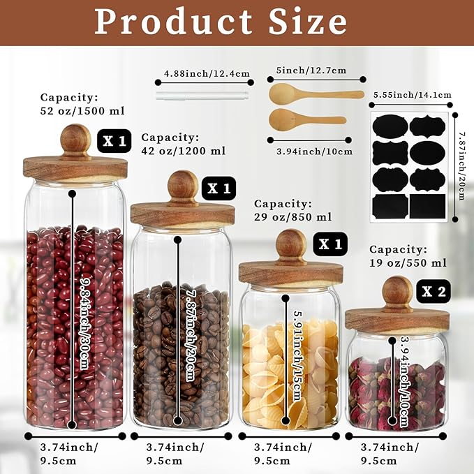 5 Pcs Glass Storage Jars with Wooden lid Clear Spice Food Storage Containers with Label and Pen Candy Airtight Canisters for Kitchen Beans Cookie (4 Sizes)