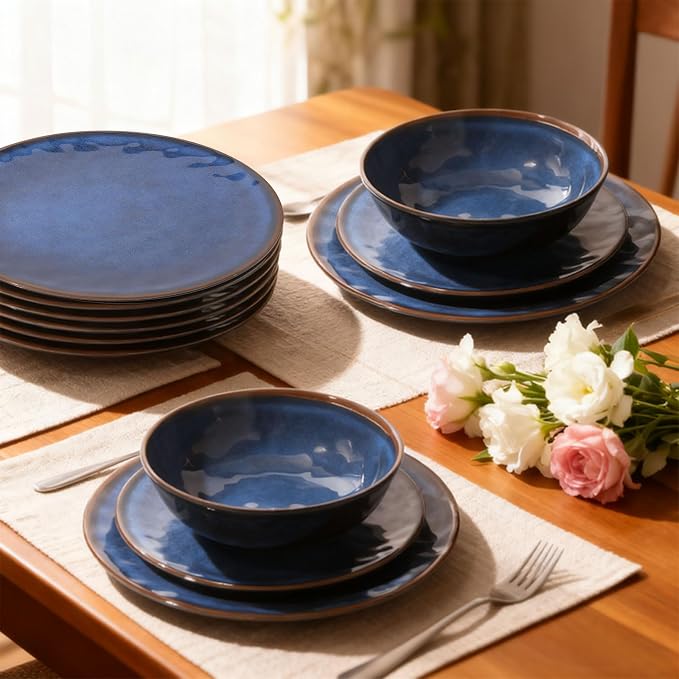 Rustic Farmhouse 12 Piece Melamine Dinnerware Sets - Service for 4, Lightweight with 11" Platesx4,9"Salad Pates x4 and 8"Bowlsx4, for Indoor and Outdoor Use, Unbreakable Kitchen Dinnerware, Blue