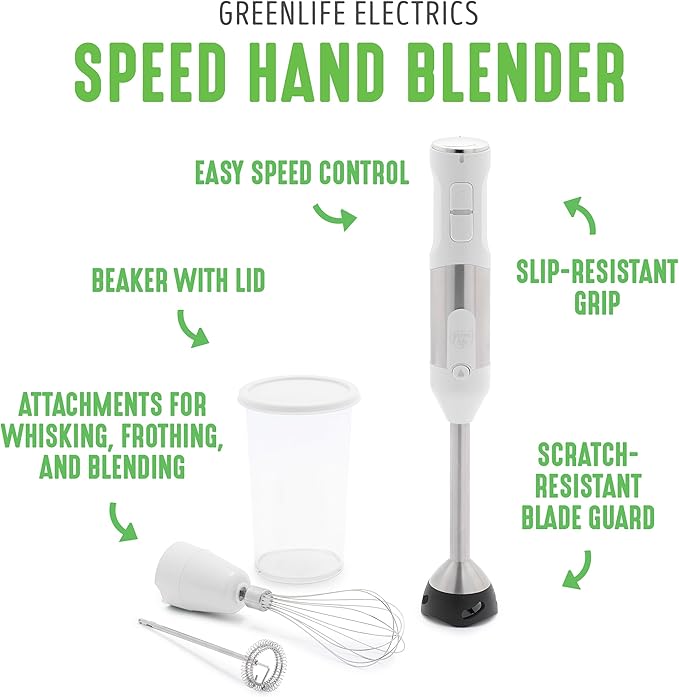 GreenLife 500-Watt Immersion Electric Handheld Stick Blender with Stainless Steel Blades, Whisk, Frother, Measuring Cup and Lid, Soups, Puree, Cake, Multi-Speed Control, Portable, White