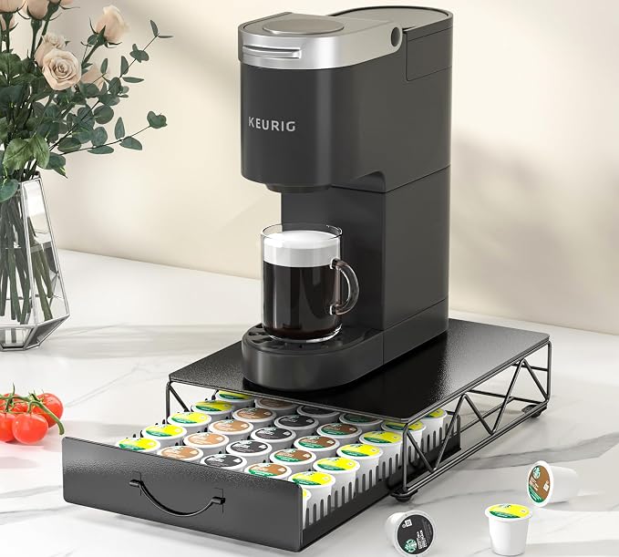 HFHOME Coffee Pod Holder Drawer Compatible with Nespresso - 40 Large or 60 Small VertuoLine Pods - Black Metal Coffee Capsule Storage Organizer for Vertuo - Coffee Capsule Holder for Kcup Home Kitchen