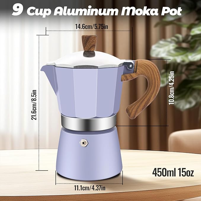 9 Cup Aluminum Moka Pot Classic Stovetop Espresso Coffee Maker 450ml 15oz Coffeemaker Percolator Mocha Pot Greca Coffee Maker Cafe Makers for Italian and Cuban Café Brewing Purple