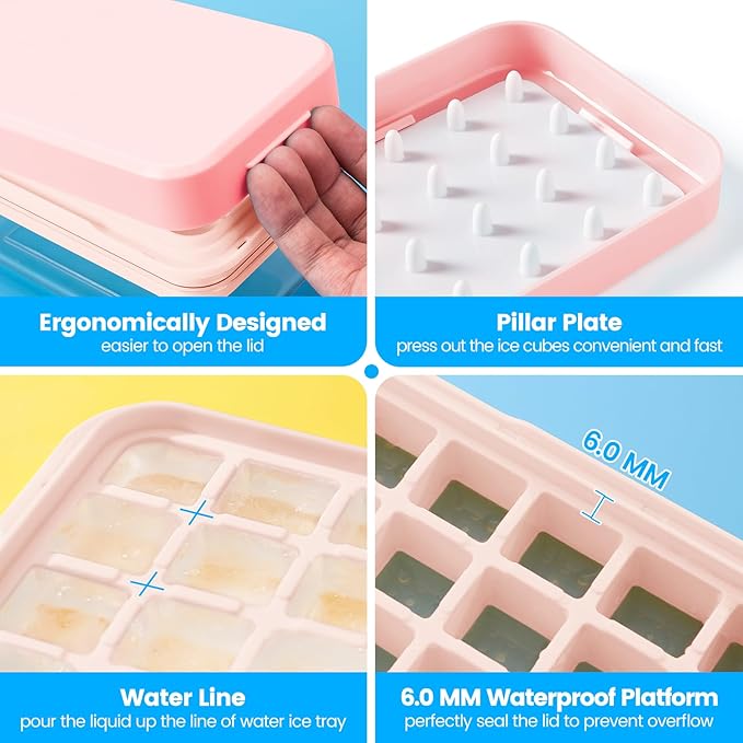 PHINOX Ice Cube Tray with Lid and Bin, 3 Pack Plastic Ice Cube Tray Molds, 84 pcs Ice Trays for freezer, Chilling Drinks, Whiskey & Cocktails, with Ice Container and Ice Scoop, BPA-Free
