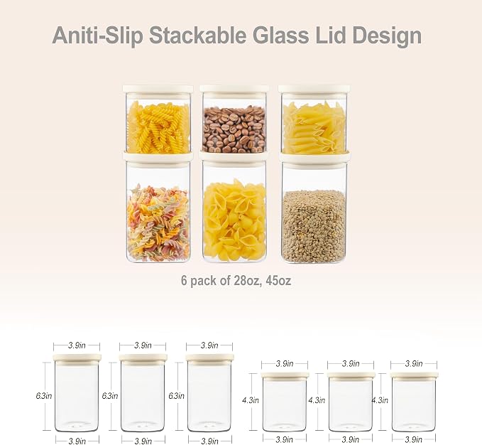 Urban Green Glass Food Storage Jar with Glass Lid in Square Shape, Food Canister Set with Airtight Lids, Pantry Jars for Kitchen Organization, Food Storage Containers in Set of 6