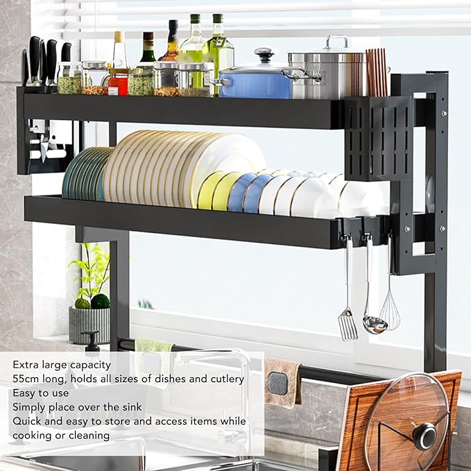 Over Sink Dish Rack Large Capacity Metal Thickened Countertop Dish Drying Shelf 55cm - Foldable Design, Space Saving, Stable Carbon Steel Construction for Kitchen (Double Layer)