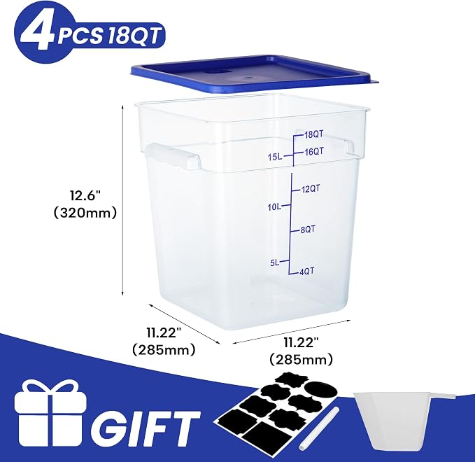 BIEAMA 4 Pack Food Storage Containers, 18 Quart with Lids, Square Commercial Containers with Scale, NSF, Polycarbonate, Clear