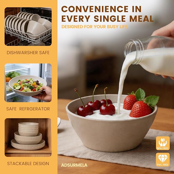 Wheat Straw Melamine Dinnerware Sets 18 Piece for 6, Shatterproof Plates and Bowls Set, BPA Free & Dishwasher Safe, Lightweight MattWarm Beige Finish Dish Set (18, Warm Beige)