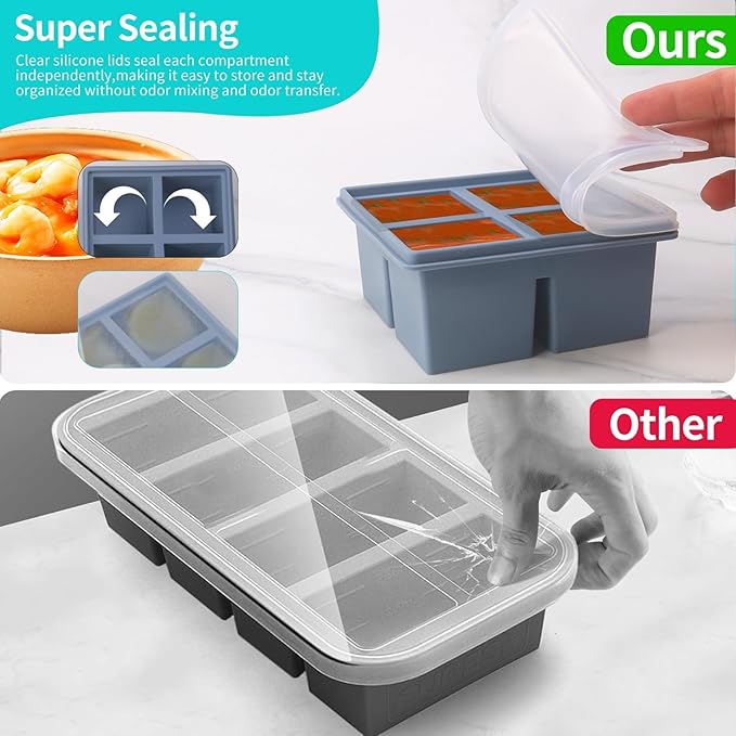 1/2 Cup Silicone Freezer Tray With Lid,Silicone Freezer Molds 3-Pack For meal prep & freezing of various sauces and other dishes, makes 12 perfect 1/2 cup portions cubes (Multicolor 3 Pack)