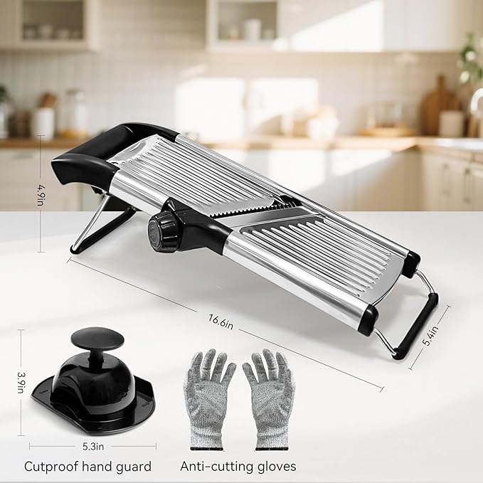 Mandoline Slicer, Mandoline Food Slicer for Kitchen, Mandolin, Vegetable Chopper, Veggie Slicer, Adjustable Stainless Steel Veggie Onion Tomato Julienne Cutter with 1 Pair Cut-Resistant Gloves