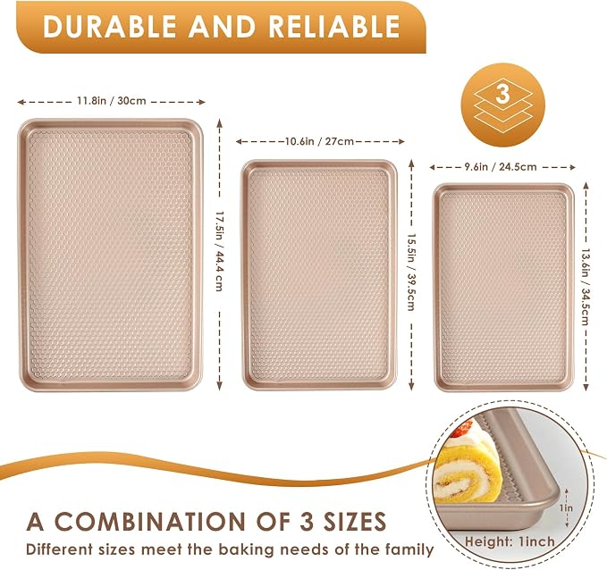 Baking Sheet Pan Set of 3, Nonstick Carbon Steel Cookie Sheets with Texture | Commercial Half/Quarter/Jelly Roll Pans Replacement Toaster Oven Tray, Heavy Duty & Easy Clean