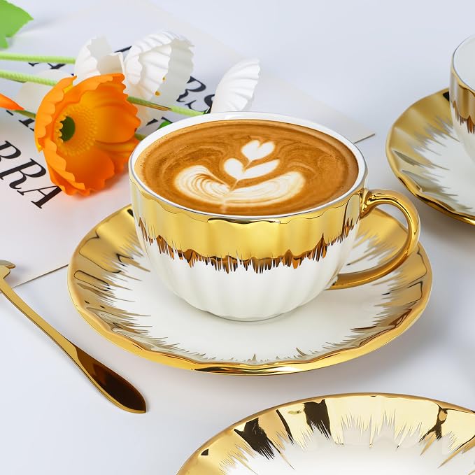 Cappuccino Cups with Saucers, 8 oz Ceramic Coffee Cup Set of 6, Espresso Cups with Sakura Spoons, Porcelain Tea Coffee Mugs for Specialty Coffee Gift, Microwave and Dishwasher Safe