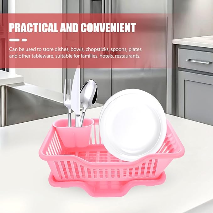 IMIKEYA Sink Dish Rack Drainer Plastic Dish Drying Draining Rack Over The Sink Kitchen Tableware Drying Basket with Cutlery Holder for Kitchen Counter Pink