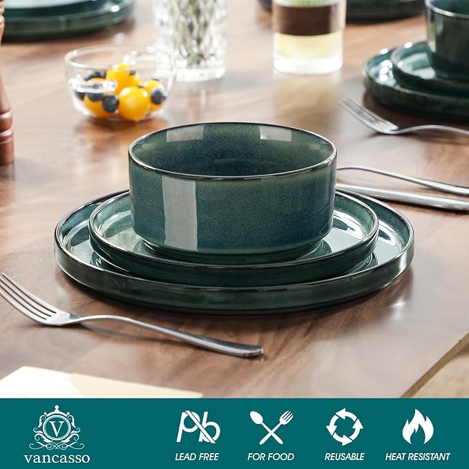 vancasso Plates and Bowls Sets for 6, 18 Pieces Green Dinnerware Sets for Kitchen, Modern Stoneware Dishes Set, Dishwasher and Microwave Safe, Series Starry