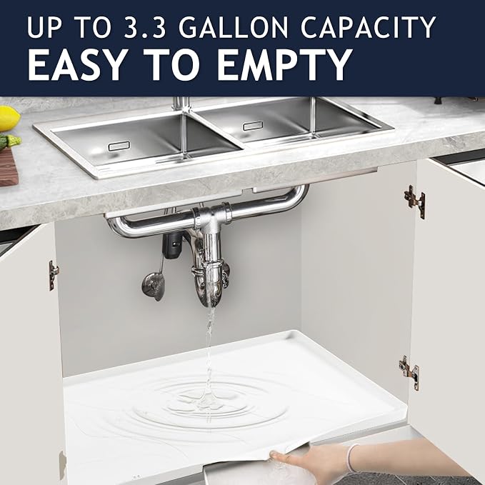 Heavy Duty Silicone Under Sink Mats for Kitchen Waterproof 40" x 19", Extra Thick Under Sink Rubber Mat Drip Tray, Raised Edge Under Sink Liner,Prevent Drips, Leaks, Spills,White