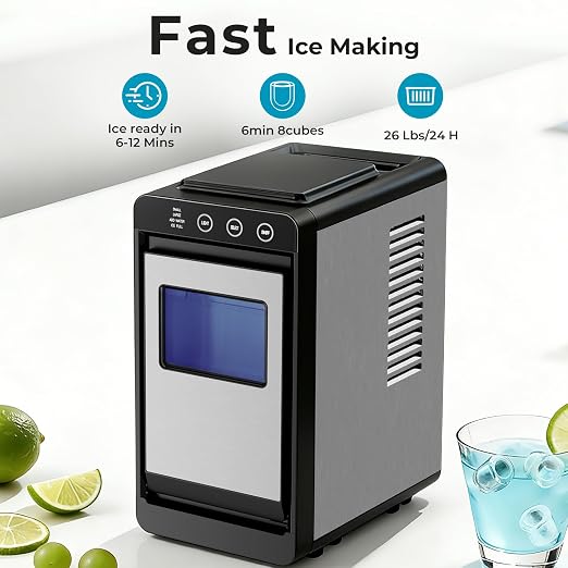Antarctic Star Countertop Ice Maker Machine - 26.5lbs/24H, 8 Bullet Ice in 6 Mins, Self-Cleaning Portable Ice Maker with 2 Ice Sizes, Touch Display & Blue Light for Home, Office, Bar,Steel